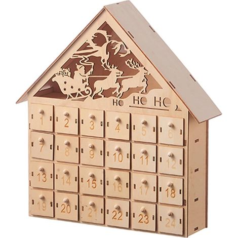 Calendrier de l'Avent en bois vide 24 tiroirs, maison de rangement forme chalet, compte à rebours de Noël décoratif (1/5)