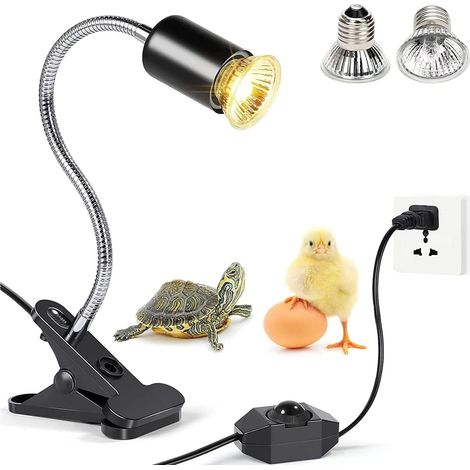 Lampe chauffante pour tortues, lampe pour terrarium, lampe ultraviolette pour tortues, avec 2 ampoules UVA/UVB de 50 W et une pince rotative à 360°, convient aux tortues, serpents, lézards et cacatoès