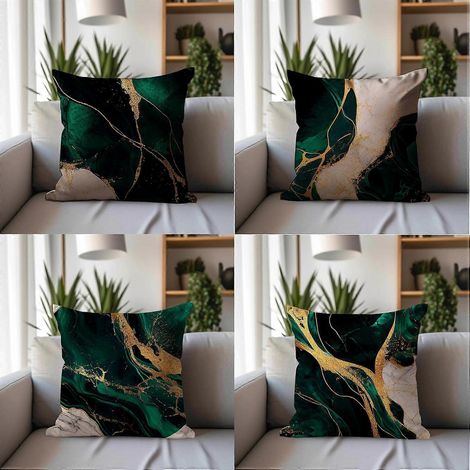 Ensemble de 4 housses de coussin décoratives EternaNest vert émeraude, 45 x 45 cm, pour salon, coussins verts et dorés pour canapé. (1/4)