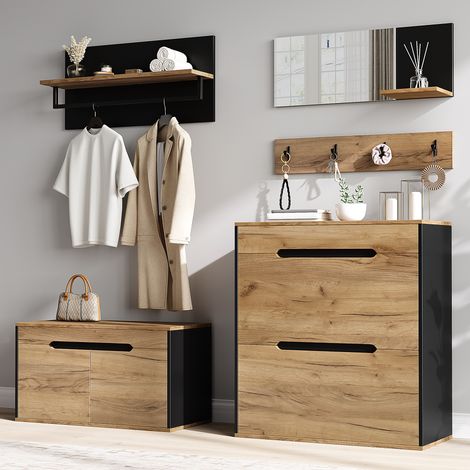 Mueble recibidor zapatero con espejo y 4 ganchos OKMYHOME (1/5)