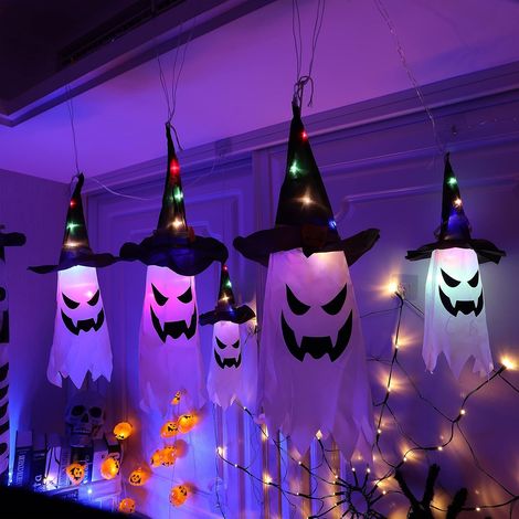 Décorations d'Halloween extérieures : fantômes suspendus avec chapeaux de sorcière, lot de 5, CJY (1/5)