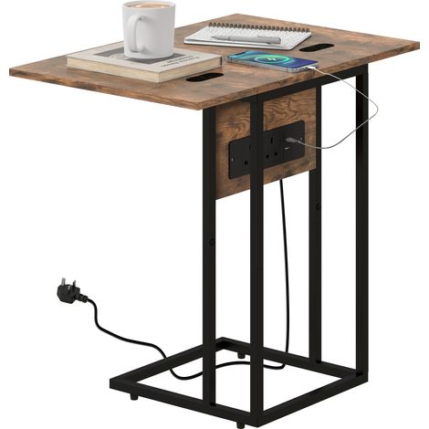 C Shaped Side Table with Charging Station Foldable Top - Rustic Brown (1/5)