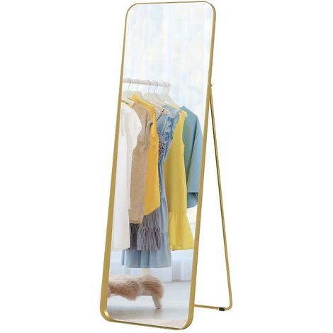 Miroir sur pied inclinable, cadre en métal et MDF, dimensions 160×50 cm, couleur or, design élégant et stable pour la chambre ou le dressing. (1/5)