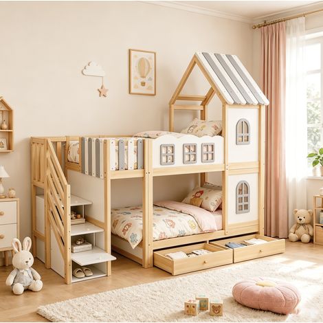 MODFU – Lit superposé enfant 90x200 cm bois blanc/gris – Cabane avec toit et barrières nuage – Échelle rangements et tiroirs – Blanc/gris (1/5)