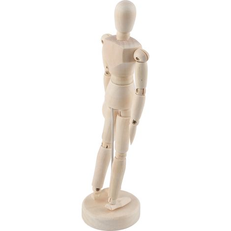Mannequin articulé en bois brut, avec socle, idéal pour la décoration intérieure (20 cm). (1/5)