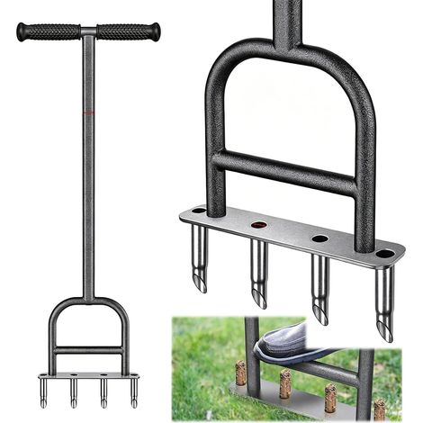 Fourche d'aération pour pelouse, aérateur à cuillère creuse, aérateur manuel à 4 carottes, aérateur de sol à dents creuses pour sols compactés et pelouses/jardins. (1/5)