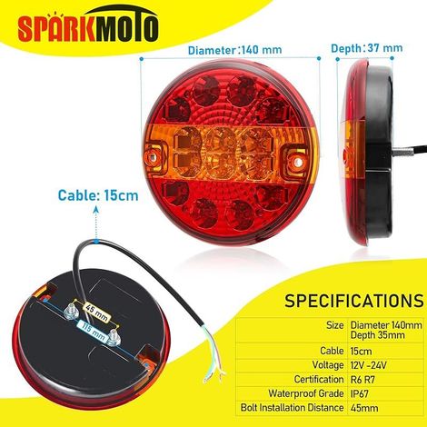 2 x Feu arrière rond LED 12V 24V, Feux de remorque led submersible pour tracteur agricole,caravane,éclairage phare remorque fourgon, feux hamburger camion 24V, Homologation ECE EMC (1/4)
