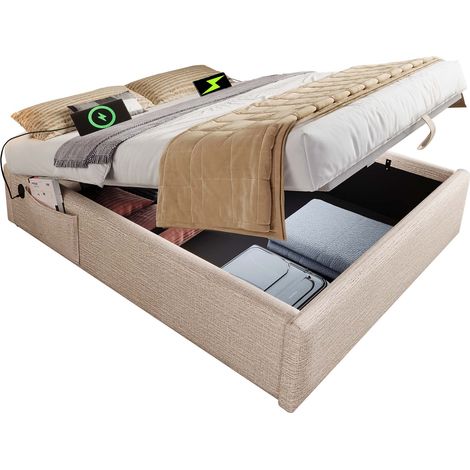 Polsterbett 140x200 cm aus Leinen mit USB und Type-C, Hydraulik-Stauraum, ohne Matratze, Naturbeige (1/5)
