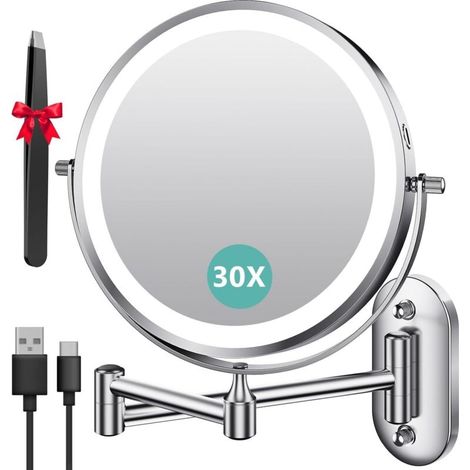 Zoll beleuchteter Wandvergrößerungsspiegel x30, Wandvergrößerungsspiegel mit 3 Farbmodi, 1x/30x Vergrößerung, USB-Ladefunktion, Touchscreen, 360° drehbar und ausziehbar für Badezimmer (1/5)