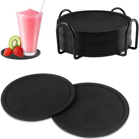 Set mit 12 Silikonuntersetzern inklusive Halterung, schwarze Untersetzer mit Rillen, runde Untersetzer für Kaffee- oder Bierbecher, Teetassen, Getränke, Pflanzen und Bars (1/4)