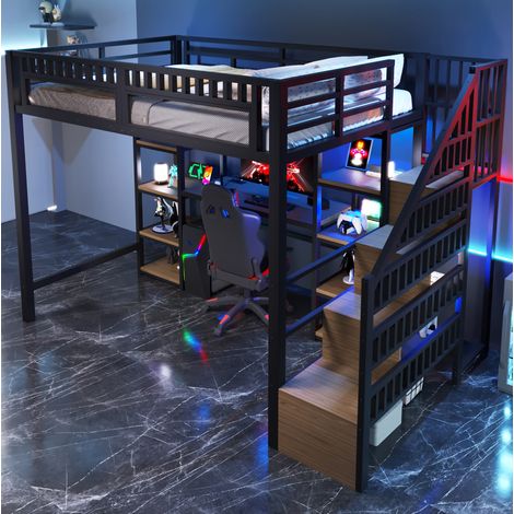 Cama dormitorio juvenil con escritorio y LED negra HAVRYA (1/5)