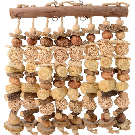 Spielzeug für Aras, Papageienspielzeug für große Vögel, 37 cm extra große Kauwand aus Naturholz, Maiskolben und Rattankugeln, hängendes Zubehör für die Futtersuche im Käfig für Graupapageien und Kakad