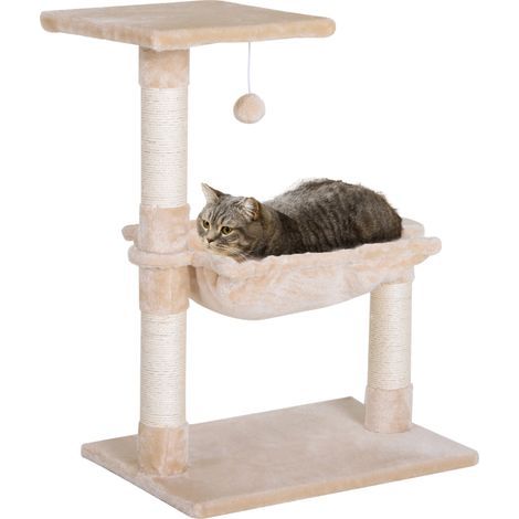 Árbol para gatos (peso máx. 3,6 kg) con hamaca y bola colgante, de madera y felpa, 50 x 36 x 70 cm, beige (1/5)
