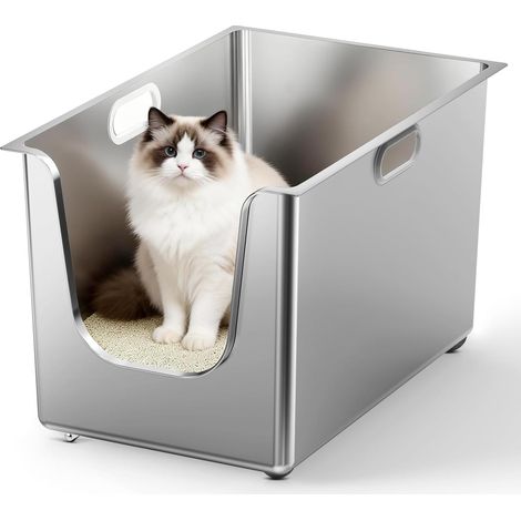 Stainless Steel Cat Litter Tray 35 cm Cat Litter Tray, Rust-Proof, Waterproof, Low Entry for Senior Cats, Practical Wheels – Ideal for Multi-Cat Homes. (1/5)