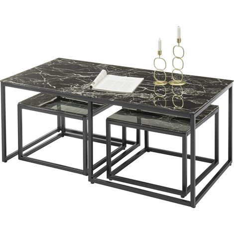 Table basse industrielle métal et verre noir (lot de 3) Claudia