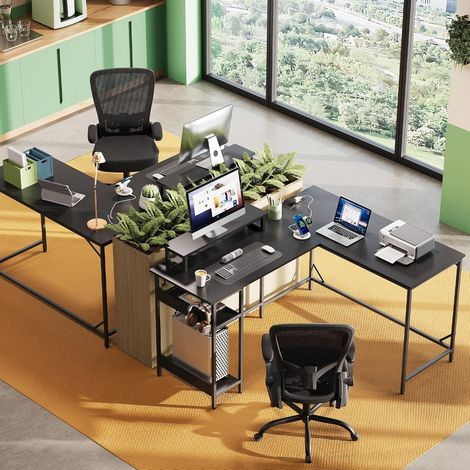 Bureau gaming 2-en-1 DEVAISE, convertible en L ou en I, avec éclairage RGB, support pour écran et étagère, idéal pour le télétravail, noir (1/5)