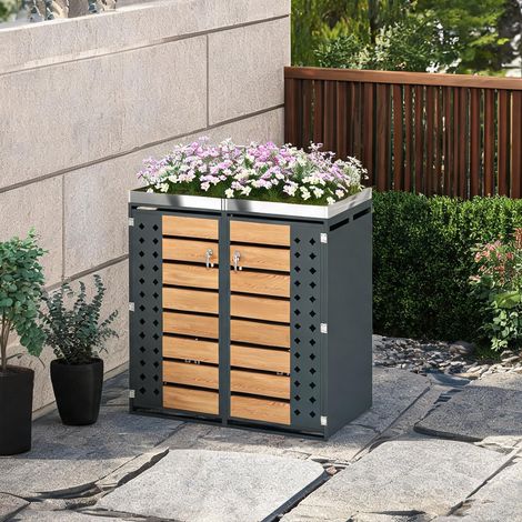 Cache-poubelle extérieur 2 bacs avec jardinière intégrée acier (1/5)