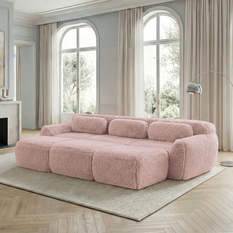 Canapé modulaire 3-Sitzer Plüsch Pink, rahmenloses Sofa mit 3 Ottomanen, flexibel stellbar
