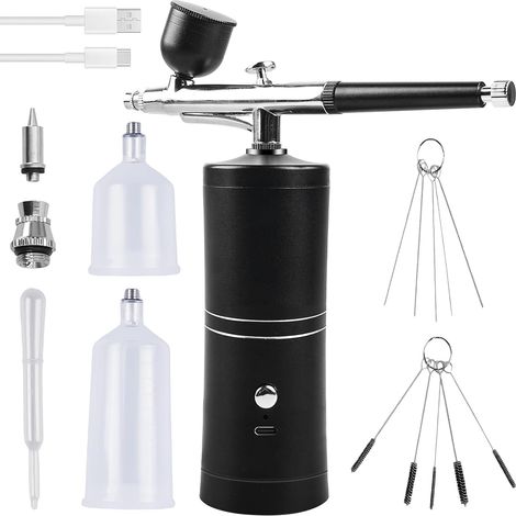 Kit Aerographe Avec Compresseur, Compresseur Aérographe, Rechargeable Air Brush Airbrush Pistolet Aérographe Portable Brosse À Air Pour Maquillage, Nail Art, Décoration De Gâteau (Noir) (1/5)