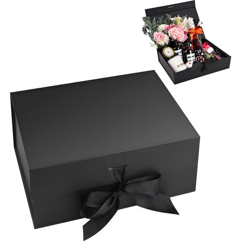 Boîte cadeau noire pliable avec nœud - 23 x 17 x 7 cm - Avec couvercle magnétique - Pour mariages, Noël, anniversaires, anniversaires de mariage (noir 1) (1/5)