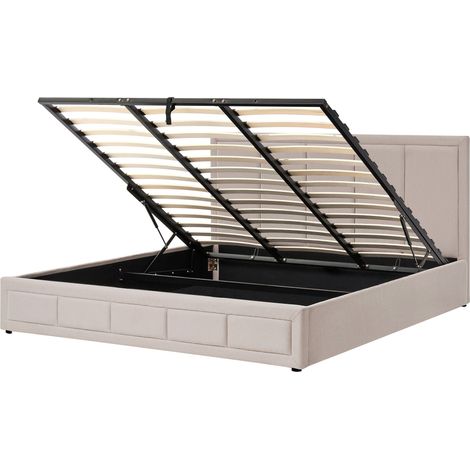Ottoman Bed Beige Fabric Upholstery EU Super King Size 6ft Headboard Lift-Up Slatted Base Quilted Design Minimalist QUIBERON