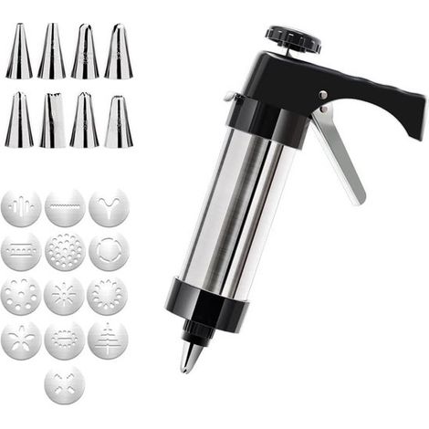 Pistola per tagliare biscotti in acciaio inox. Include 13 formine e 8 ugelli. Pistola per decorare con il burro. Design ergonomico. Strumento per la pasticceria per realizzare... (1/5)