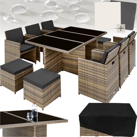Salon de jardin résine tressée aluminium 2 sets housses marron naturel (1/10)