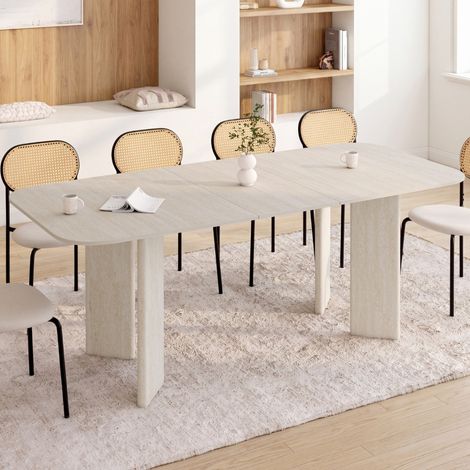 CAPUCINE Mesa de comedor redonda rectangular extensible para 6-10 personas con 4 patas redondeadas de estilo travertino 160-200