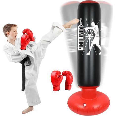 Sac de Boxe Gonflable pour Enfants, 160cm Sac de Frappe sur Pied, Punching Ball avec Gants Formation avec Gants de Boxe, Cadeau Parfait pour Garçons et Filles 3 à 12 Ans Noir (1/5)