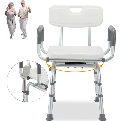 Randaco Silla de ducha giratoria 360°, regulable en altura en 4 niveles, con respaldo y reposabrazos, estructura de aluminio, patas antideslizantes, gris-blanco (1/5)