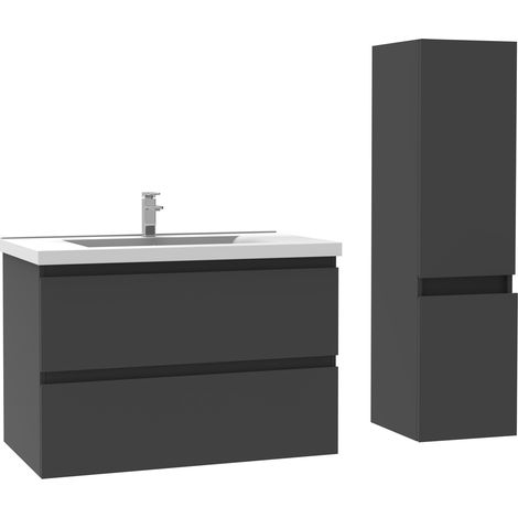 Acezanble Ensemble meubles Salle De Bain 80cm Anthracite meuble avec colonne vasque ceramique