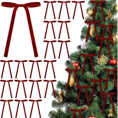 Lot de 24 nœuds de Noël en velours, 12x18cm, pré-noués, rustiques, pour décoration de sapin de Noël, décorations de Noël vintage pour guirlande, couronne, boîte-cadeau, décoration de mariage, rouge (1/5)