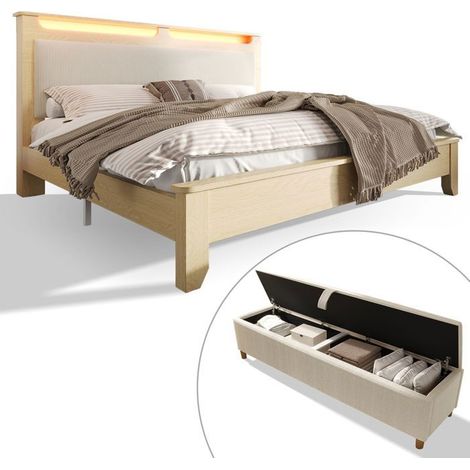 Lit coffre 140x200 - SOGEU - Modèle 140x200 - chêne clair - tête velours beige - LED multicolore, banc (1/5)