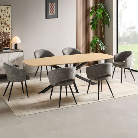 Ensemble table 200 cm effet chêne + 6 chaises tissu bouclette gris