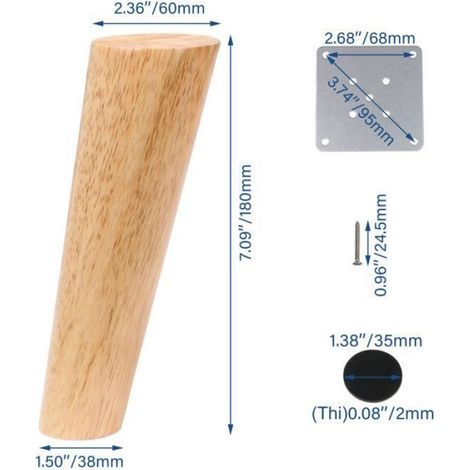 Pieds De Meuble - Bois Chêne - Hauteur 18 Cm - Diamètre Supérieur 6 Cm - Pour Table De Thé Canapé Armoire - 4 Pièces (1/4)
