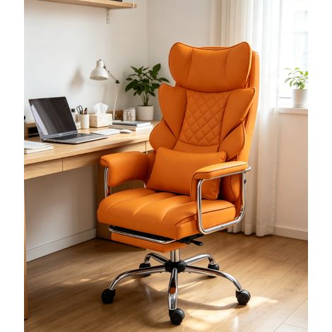 fauteuil de bureau ergonomique orange avec massage dossier inclinable 135 degrés repose pieds rétractable en simili cuir chaise pivotante pour bureau maison (1/5)