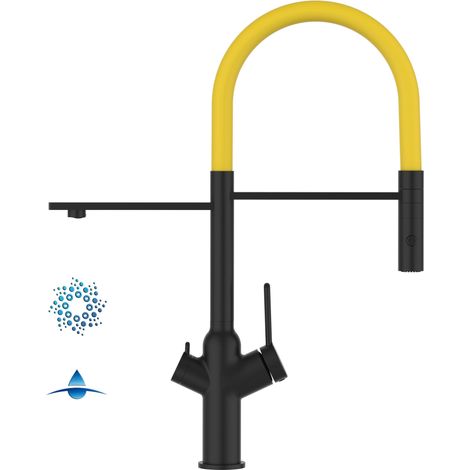 4 Wege Wasserhahn Kueche Spueltischarmatur Schwarz Matt Kuechenarmatur mit Gelb 360 schwenkbarem Auslauf und abnehmbare 2 strahl Handbrause - BOD Design