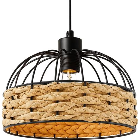 Trintion Large Metal Light Shade Modern Retro Boho Rattan Style Weave Jute Rope Lampshade, Black Frame for Living Room Bedroom Kitchen Ceiling Lights (Black, 30cm) (1/5)