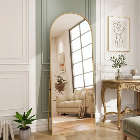 ADWOLT Miroir sur Pied 177x77 cm , Miroir Mural ,Cadre en Aluminium,Verre trempé,Pour Salon,Entrée,Chambre,Doré (1/5)