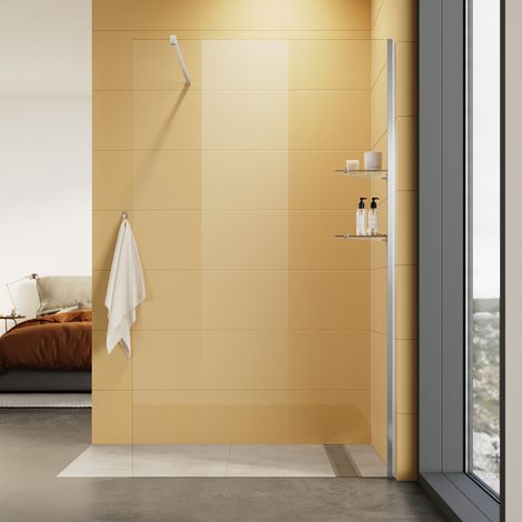 SIRHONA Paroi de Douche à l'italienne Réglable 90 x 200 cm Verre 8mm anticalcaire Transparent avec 2 étagères en verre et une Barre de Stabilisation 100 cm (1/5)