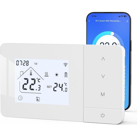 Thermostat Chaudiere gaz à Pile,Thermostat WiFi Mural,Thermostats Connecté 2 Fils,Programmable quotidiennement,Alimentation par Batterie ou USB,Commande vocale Via ,Blanc (1/5)