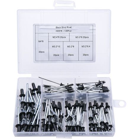 Rivet Noir 120 Pièces Rivets Aveugles Rivets avec Boîte Rivet Aluminium Rivet Pop Rivets Pop Assortiment Rivets Ouverte Ronde Rivets Aveugles en Aluminium Rivets à Tête Dôme pour Métal