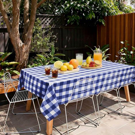 Nappe à carreaux 180x140 cm rectangulaire, résistante aux intempéries, lavable, bleu-blanc