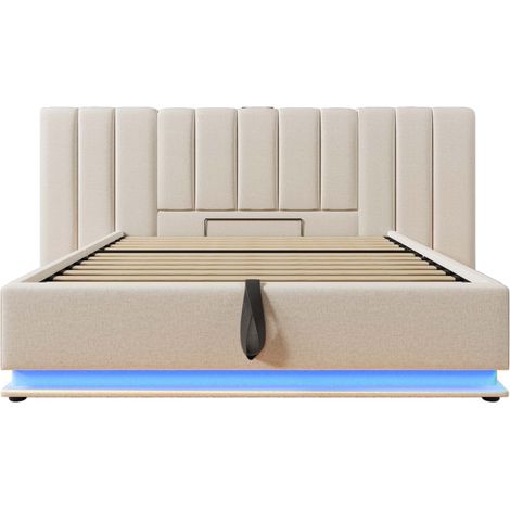 Lit rembourré 180×200, lit double avec rangement, LED et fonction de charge USB-C, cadre de lit avec sommier à lattes, lin, beige, sans matelas ni table de chevet