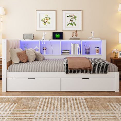Lit jour 90x200 cm avec tiroirs LED USB et étagère - Pin MDF - Blanc (1/5)