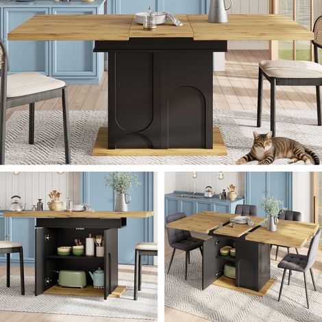 Table à manger télescopique 110-140 x 80cm pliable peu encombrante, plateau grain de bois pour 4 à 6 personnes cuisine salon (1/5)