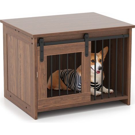 Cage pour chien avec porte coulissante, métal et bois, 80 x 60 x 60 cm