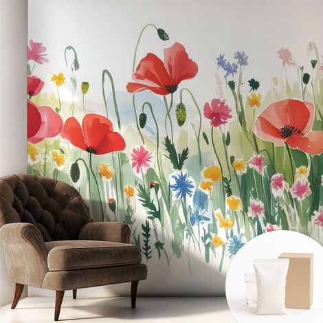 Papier peint intissé mural pour salon chambre à coucher tendance et originale - Colle incluse gratuite Prairie estivale 250x250 cm (1/5)