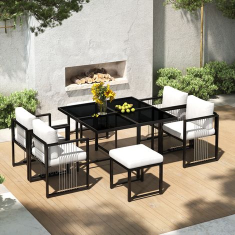 Set tavolo e sedie da giardino 7 pezzi per 6 persone, vetro temperato nero e bianco DESVIAE (1/5)