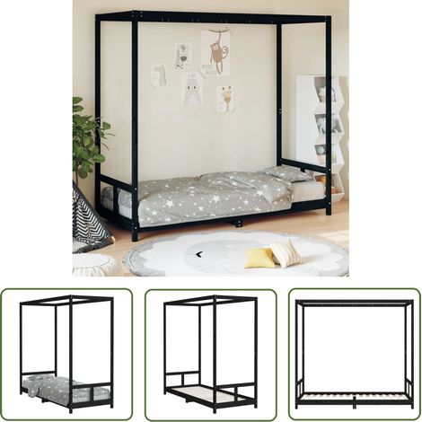 The Living Store Kinderbett Schwarz 80x200 cm Massivholz Kiefer - Kinderbett - Holzkinderbett - Kiefernholzkinderbett - Himmelbett - Kinderzimmer Dekoration (1/5)